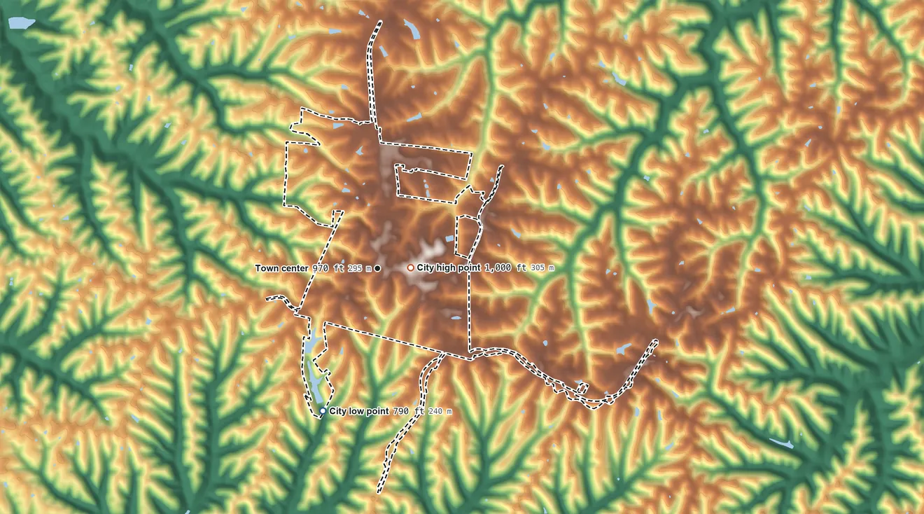 Topographic elevation map of Owenton, Kentucky, shaded from 790 ft on the south side to 1,000 ft near the middle