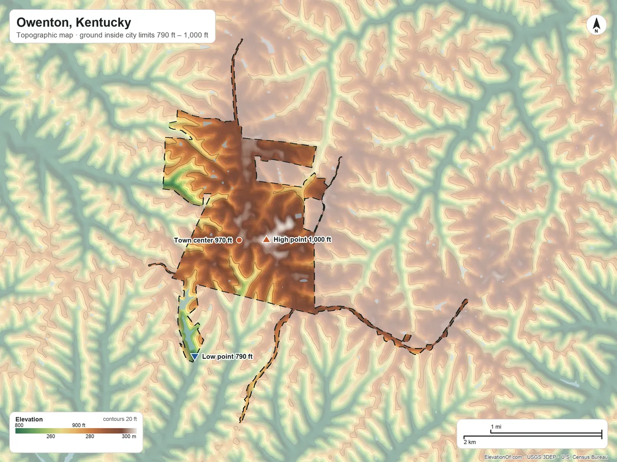 Topographic elevation map of Owenton, Kentucky, shaded from 790 ft on the south side to 1,000 ft near the middle