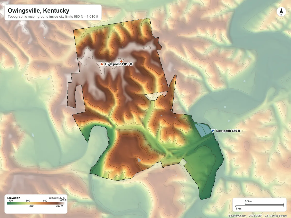 Topographic elevation map of Owingsville, Kentucky, shaded from 680 ft on the southeast side to 1,010 ft near the middle