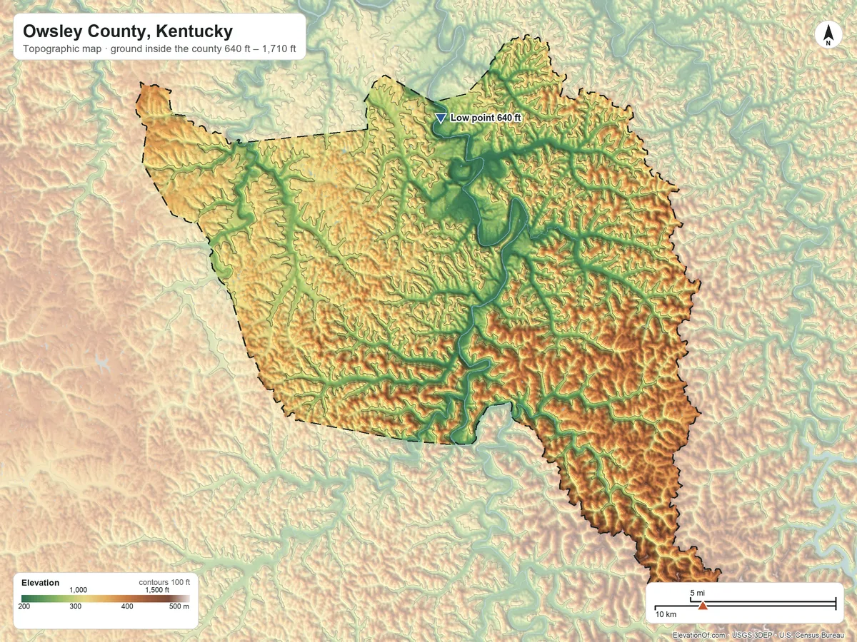 Topographic elevation map of Owsley County, Kentucky, shaded from 640 ft on the north side to 1,710 ft on the southeast side