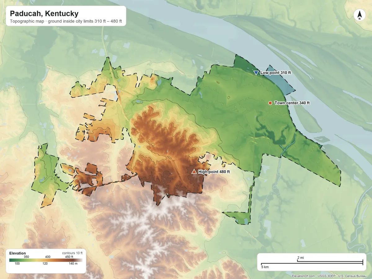 Topographic elevation map of Paducah, Kentucky, shaded from 310 ft near the middle to 480 ft on the southwest side