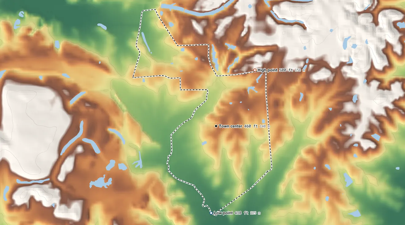 Topographic elevation map of Panther, Kentucky, shaded from 410 ft on the south side to 500 ft on the northeast side