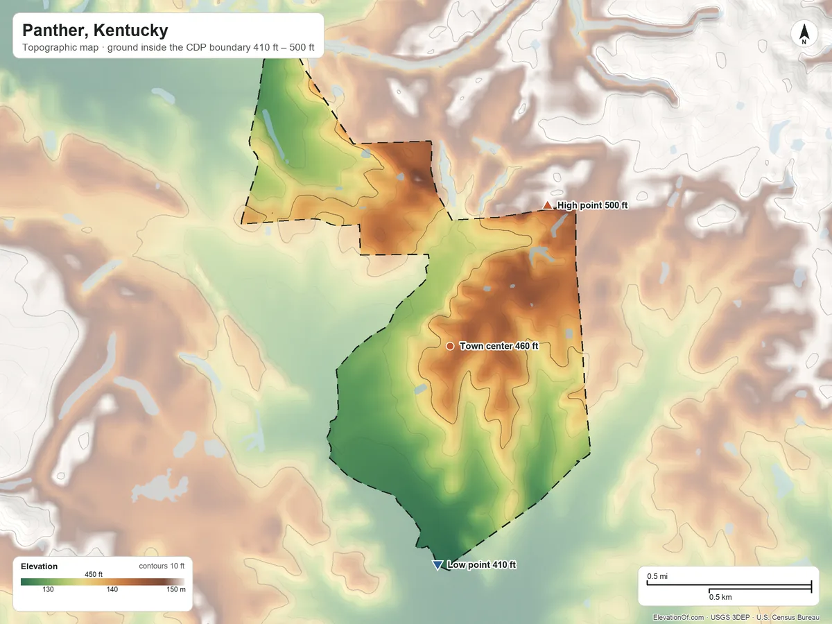 Topographic elevation map of Panther, Kentucky, shaded from 410 ft on the south side to 500 ft on the northeast side
