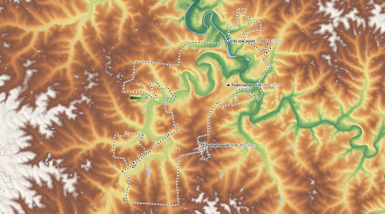 Topographic elevation map of Paris, Kentucky, shaded from 770 ft on the north side to 950 ft on the southwest side