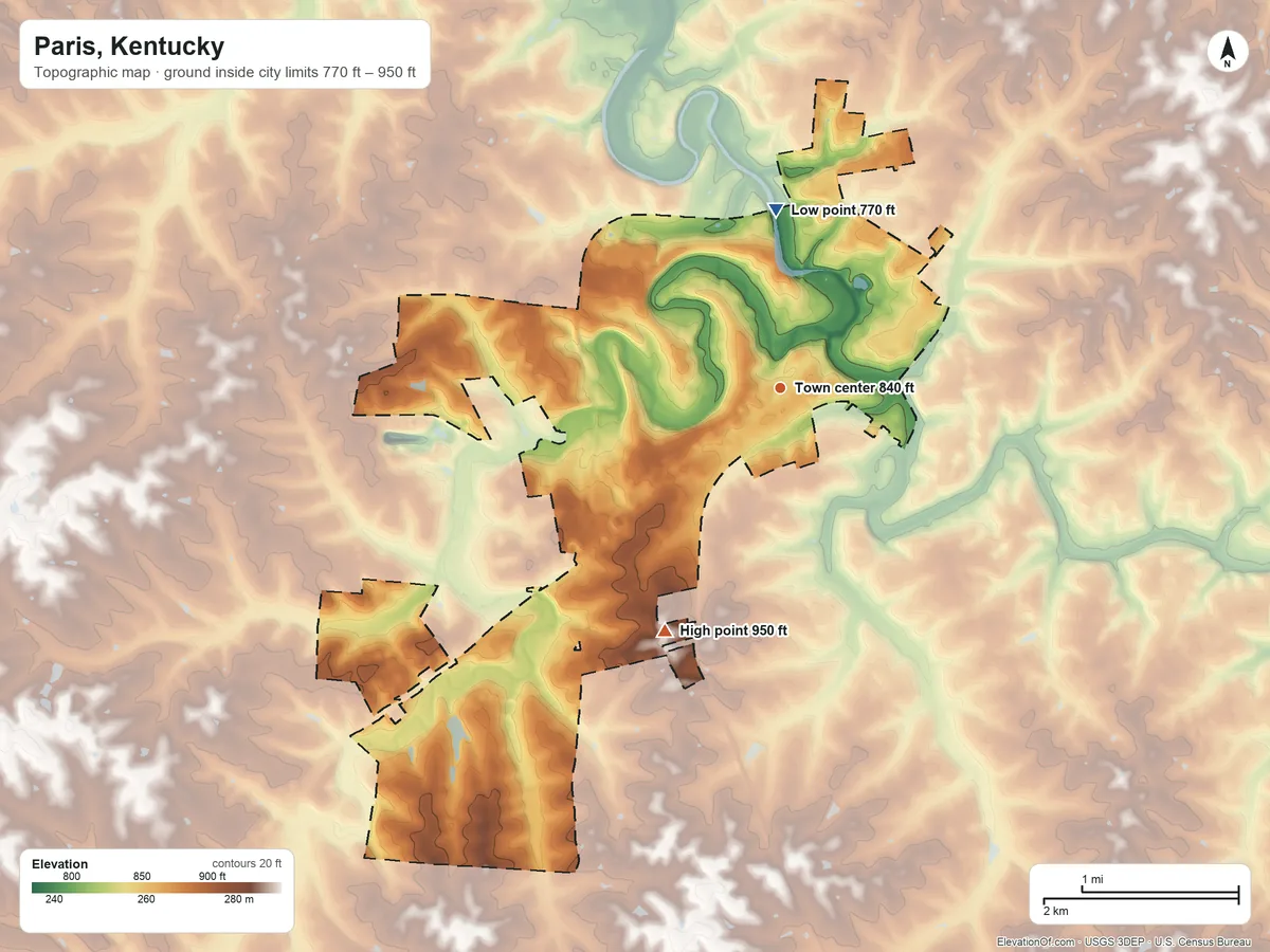 Topographic elevation map of Paris, Kentucky, shaded from 770 ft on the north side to 950 ft on the southwest side