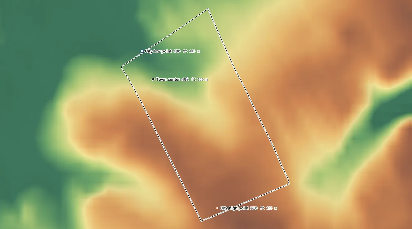 Topographic elevation map of Parkway Village, Kentucky, shaded from 480 ft on the north side to 510 ft on the southeast side