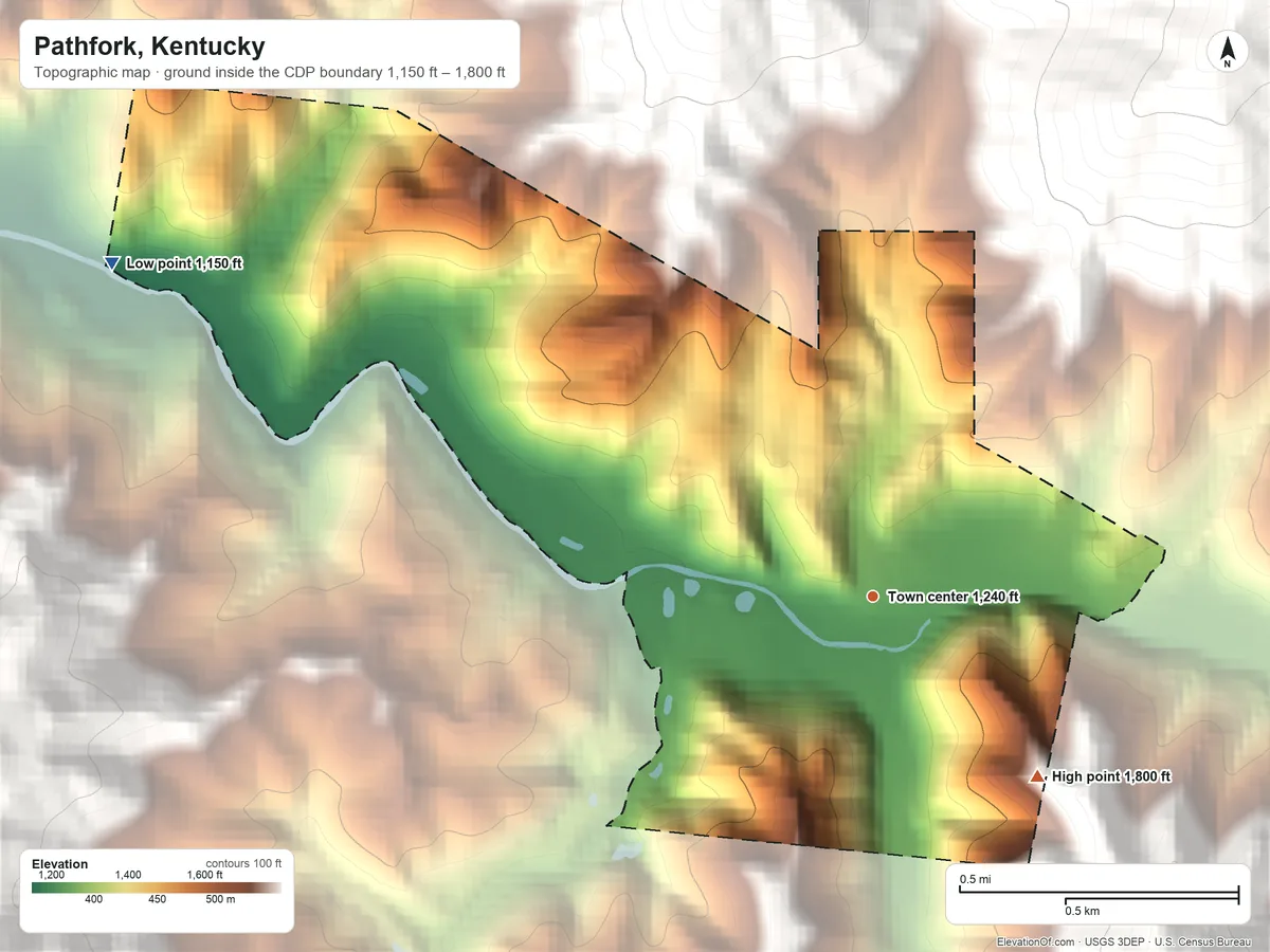 Topographic elevation map of Pathfork, Kentucky, shaded from 1,150 ft on the northwest side to 1,800 ft at the foot of the Pine Mountain