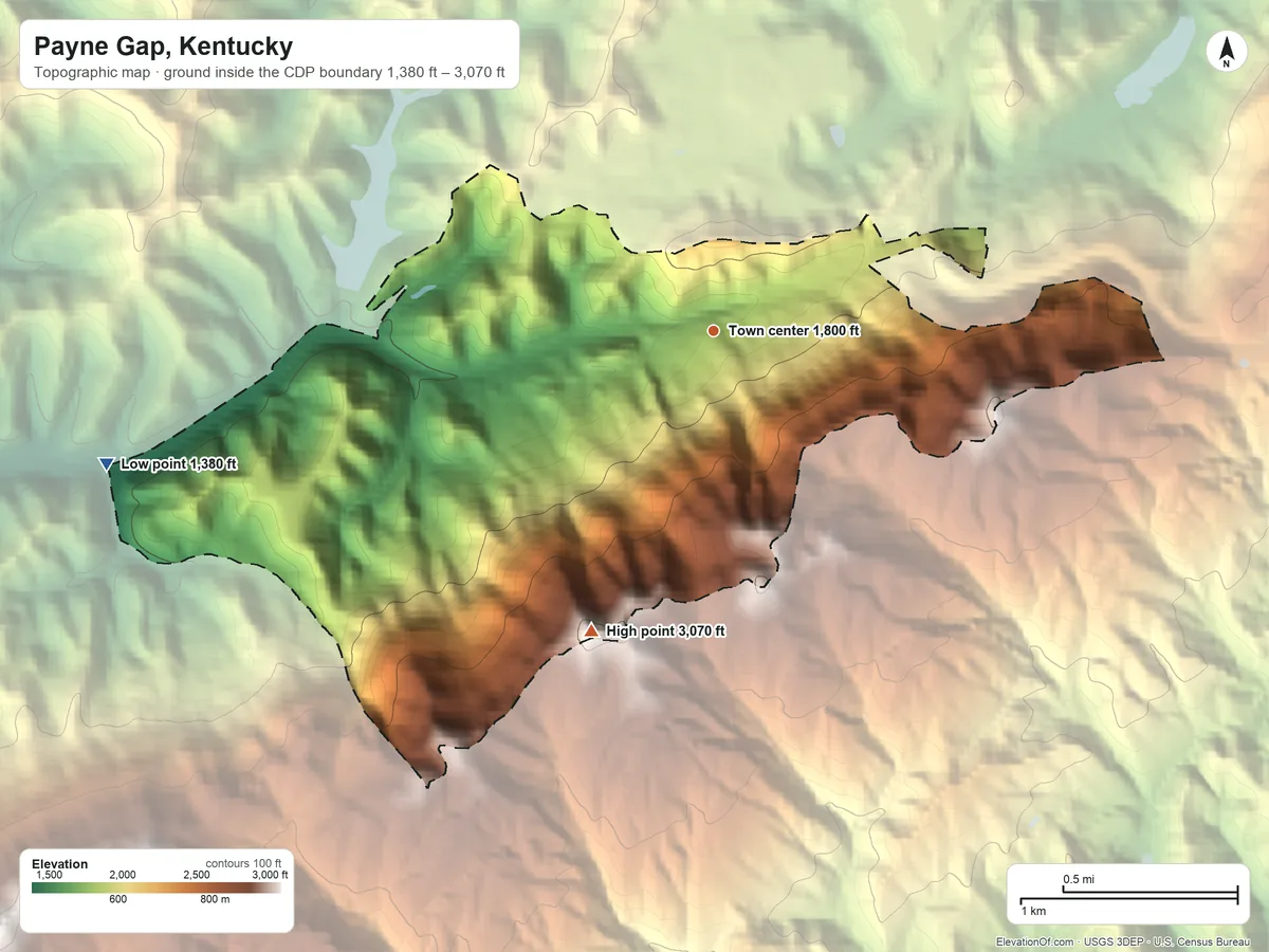 Topographic elevation map of Payne Gap, Kentucky, shaded from 1,380 ft on the west side to 3,070 ft on the south side