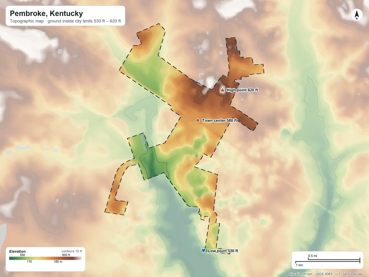 Topographic elevation map of Pembroke, Kentucky, shaded from 530 ft on the south side to 620 ft on the northeast side