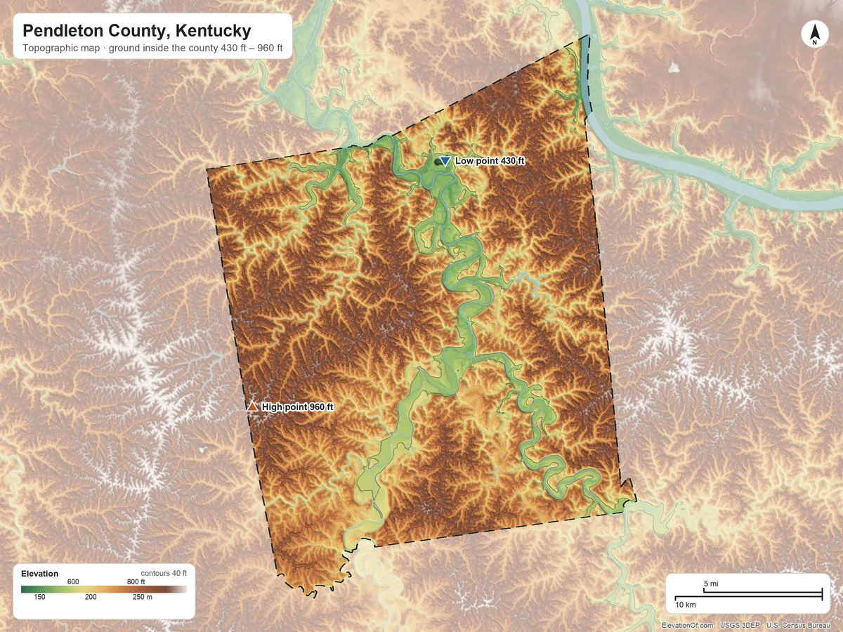 Topographic elevation map of Pendleton County, Kentucky, shaded from 430 ft on the north side to 960 ft on the southwest side