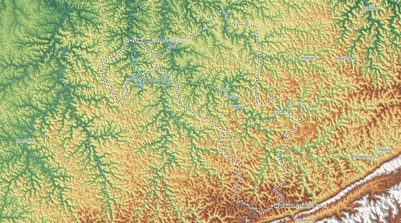 Topographic elevation map of Perry County, Kentucky, shaded from 720 ft on the northwest side to 2,500 ft on the southeast side