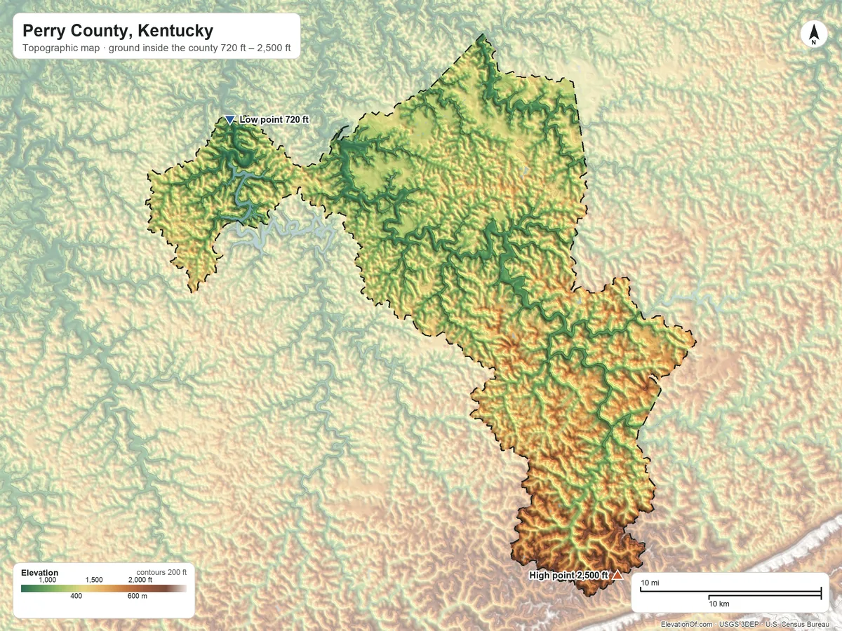 Topographic elevation map of Perry County, Kentucky, shaded from 720 ft on the northwest side to 2,500 ft on the southeast side