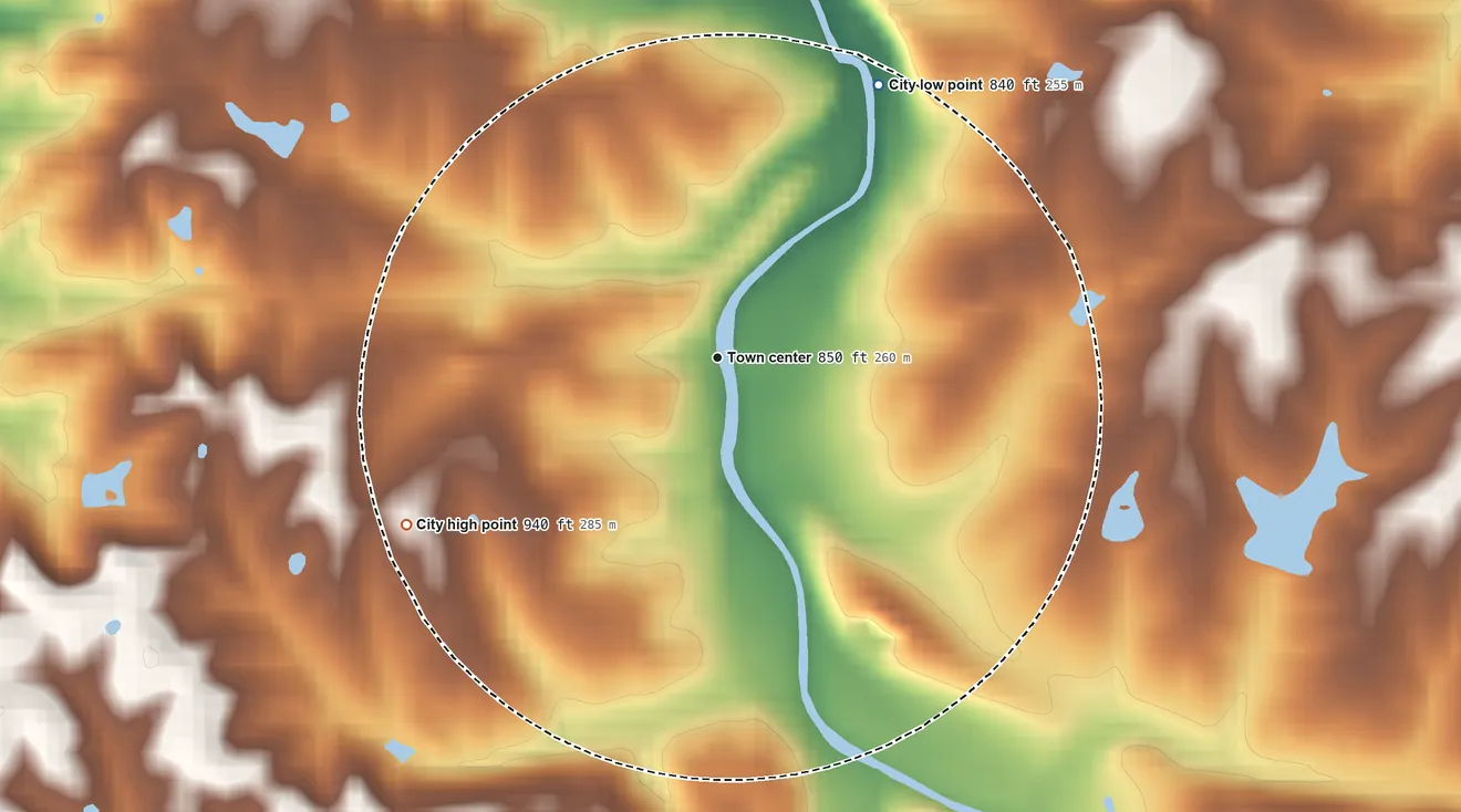 Topographic elevation map of Perryville, Kentucky, shaded from 840 ft on the northeast side to 940 ft on the southwest side
