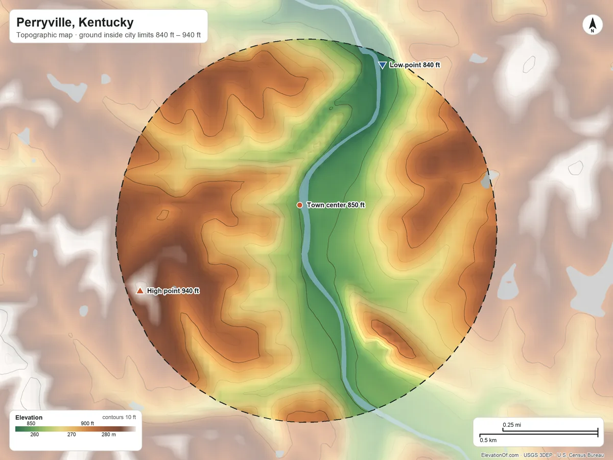 Topographic elevation map of Perryville, Kentucky, shaded from 840 ft on the northeast side to 940 ft on the southwest side