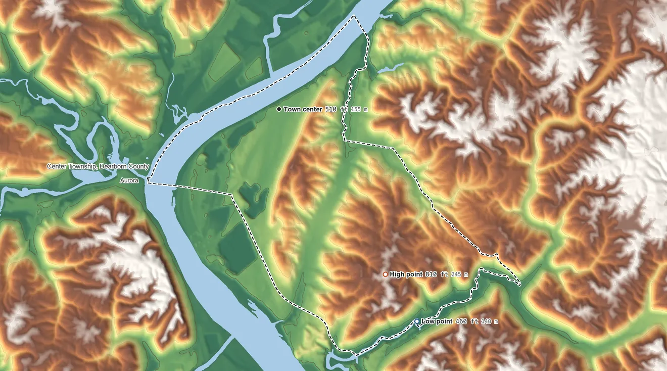 Topographic elevation map of Petersburg, Kentucky, shaded from 460 ft on the southeast side to 810 ft on the southeast side