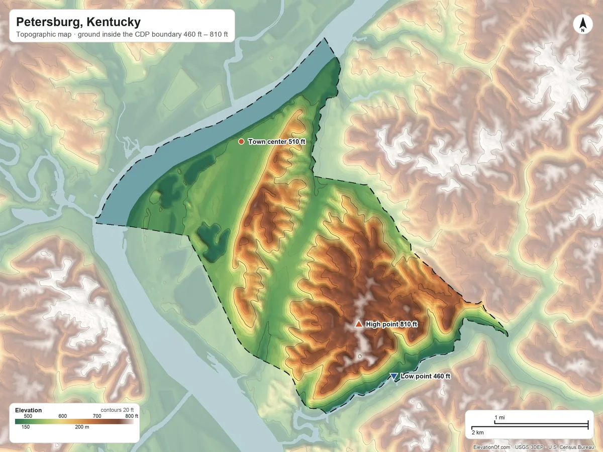 Topographic elevation map of Petersburg, Kentucky, shaded from 460 ft on the southeast side to 810 ft on the southeast side