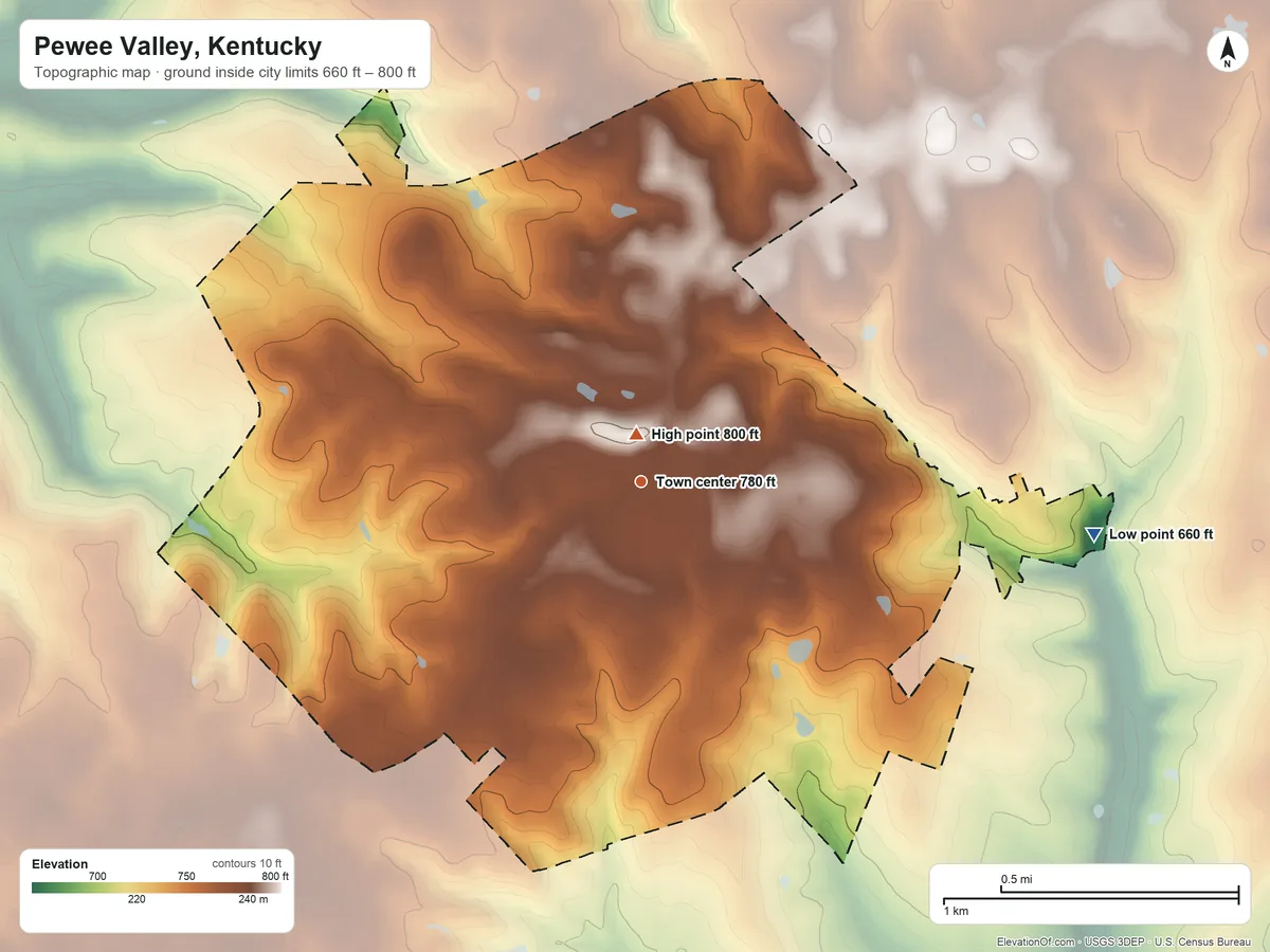 Topographic elevation map of Pewee Valley, Kentucky, shaded from 660 ft on the east side to 800 ft near the middle