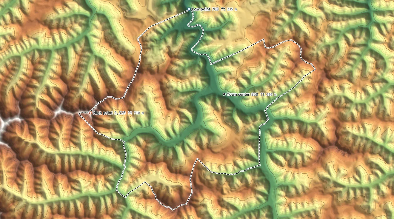 Topographic elevation map of Phelps, Kentucky, shaded from 780 ft on the north side to 2,320 ft on the west side