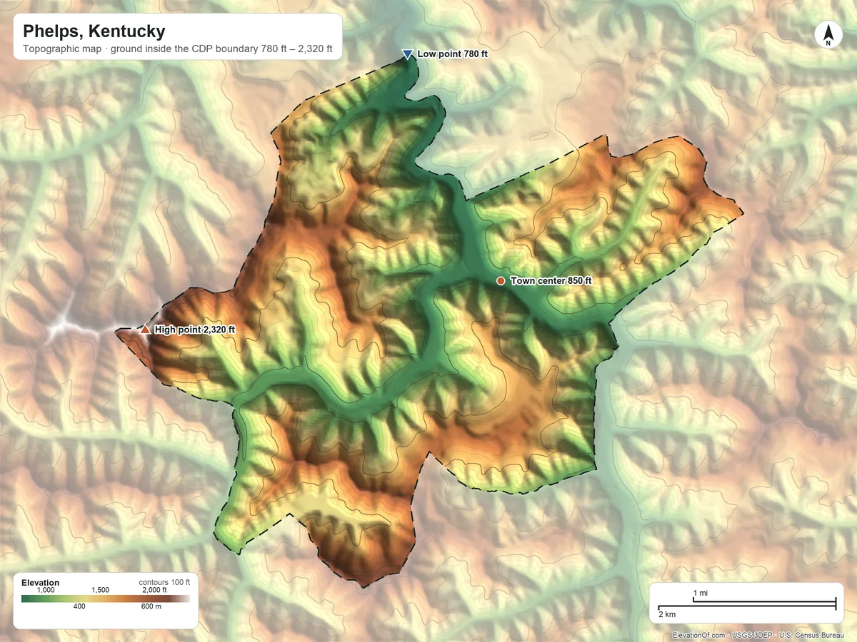 Topographic elevation map of Phelps, Kentucky, shaded from 780 ft on the north side to 2,320 ft on the west side