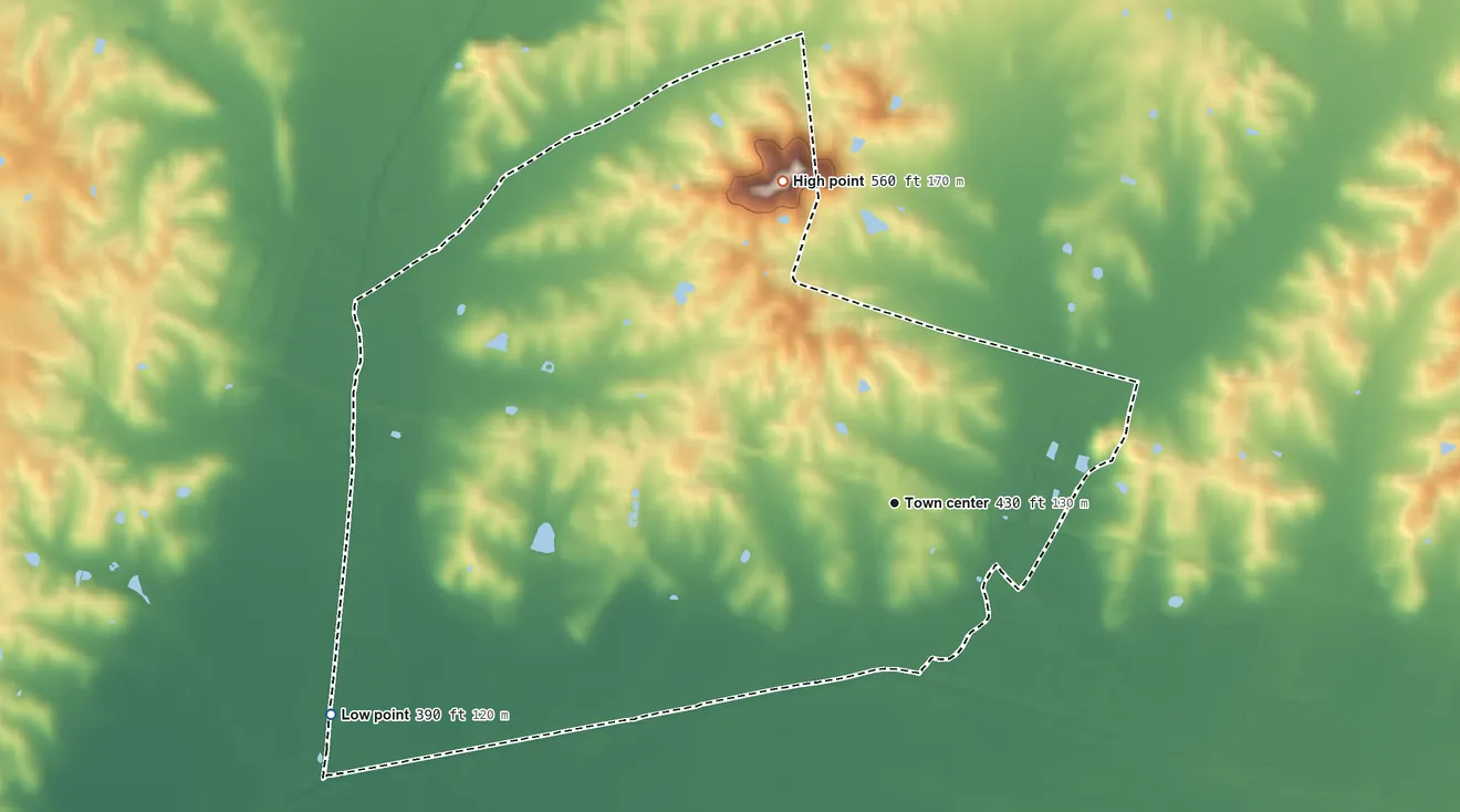 Topographic elevation map of Philpot, Kentucky, shaded from 390 ft on the west side to 560 ft on the north side