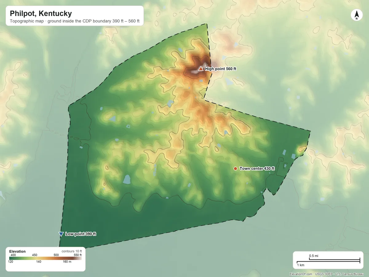 Topographic elevation map of Philpot, Kentucky, shaded from 390 ft on the west side to 560 ft on the north side