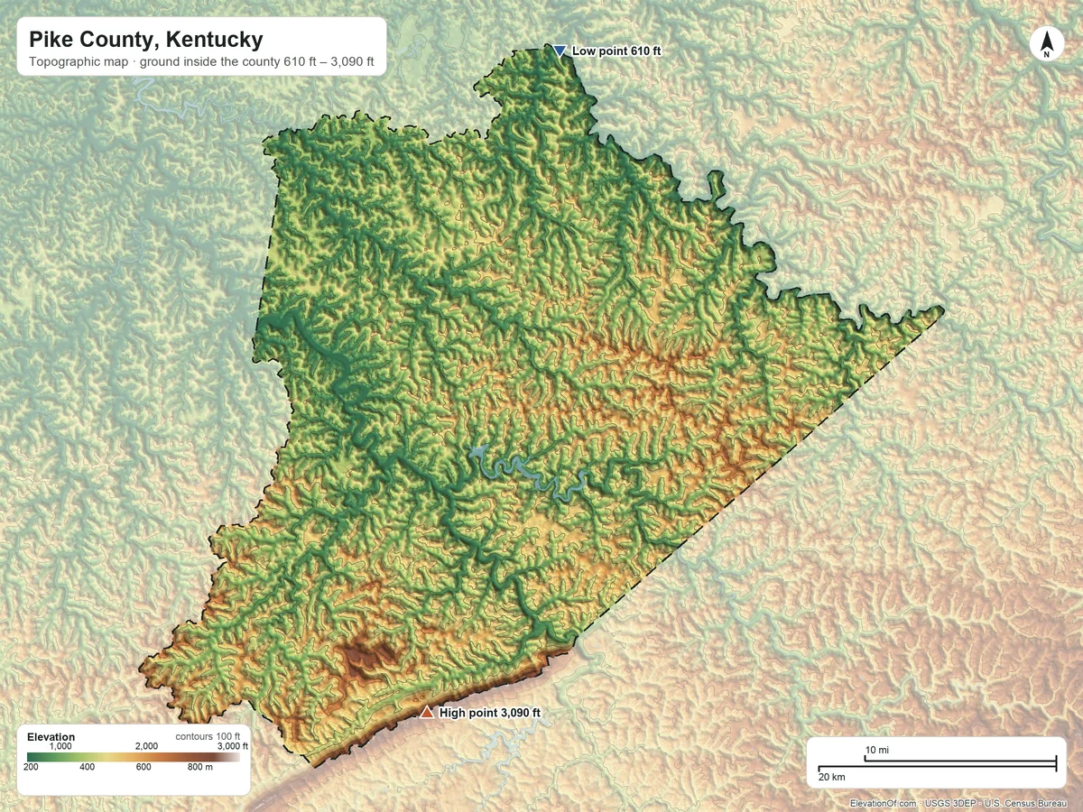 Topographic elevation map of Pike County, Kentucky, shaded from 610 ft on the north side to 3,090 ft on the south side