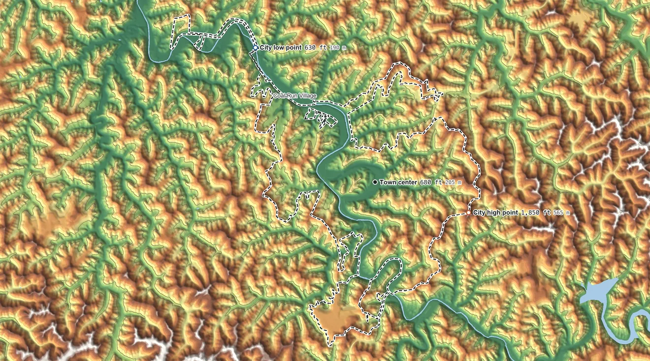 Topographic elevation map of Pikeville, Kentucky, shaded from 630 ft on the northwest side to 1,850 ft on the east side