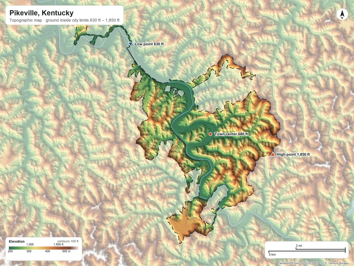 Topographic elevation map of Pikeville, Kentucky, shaded from 630 ft on the northwest side to 1,850 ft on the east side