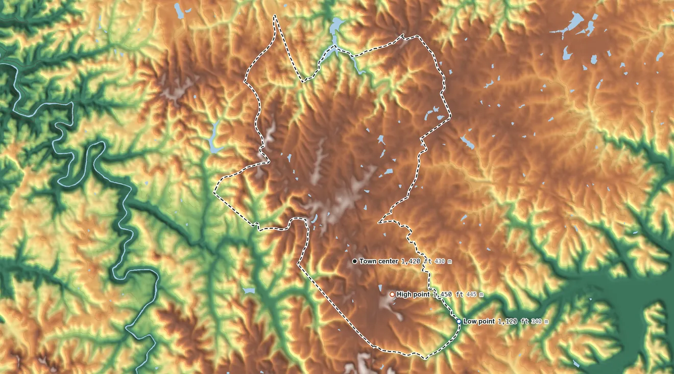 Topographic elevation map of Pine Knot, Kentucky, shaded from 1,120 ft on the southeast side to 1,450 ft on the southeast side
