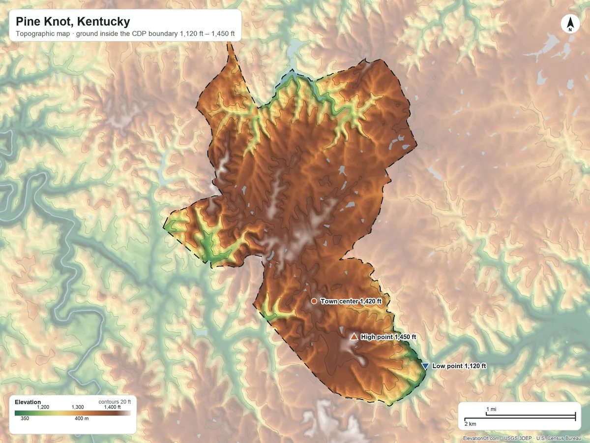 Topographic elevation map of Pine Knot, Kentucky, shaded from 1,120 ft on the southeast side to 1,450 ft on the southeast side