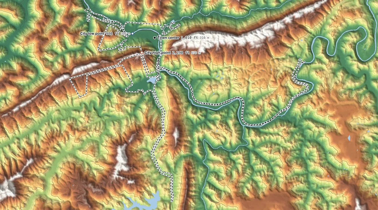 Topographic elevation map of Pineville, Kentucky, shaded from 980 ft near the middle to 2,190 ft near the middle