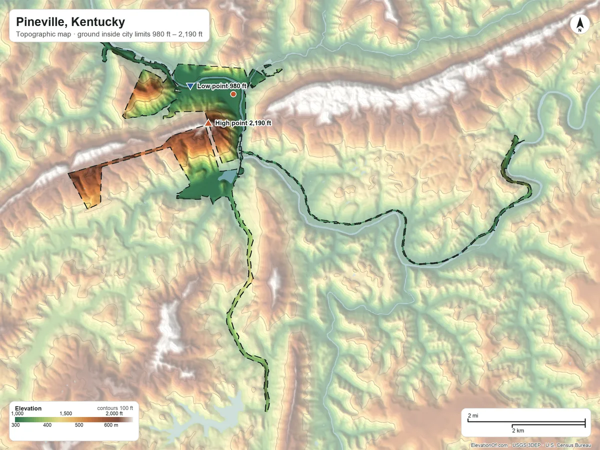 Topographic elevation map of Pineville, Kentucky, shaded from 980 ft near the middle to 2,190 ft near the middle