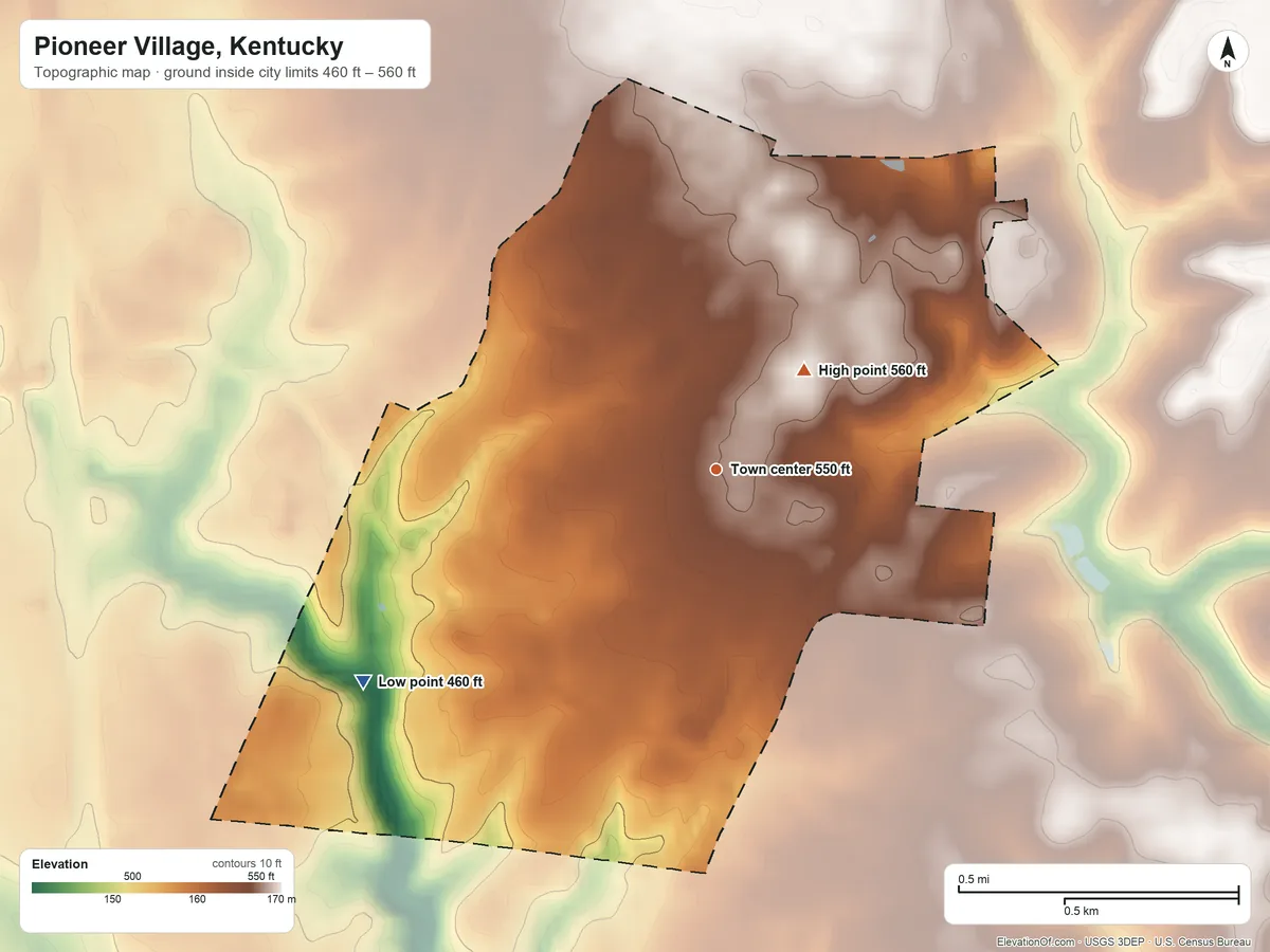 Topographic elevation map of Pioneer Village, Kentucky, shaded from 460 ft on the southwest side to 560 ft on the northeast side