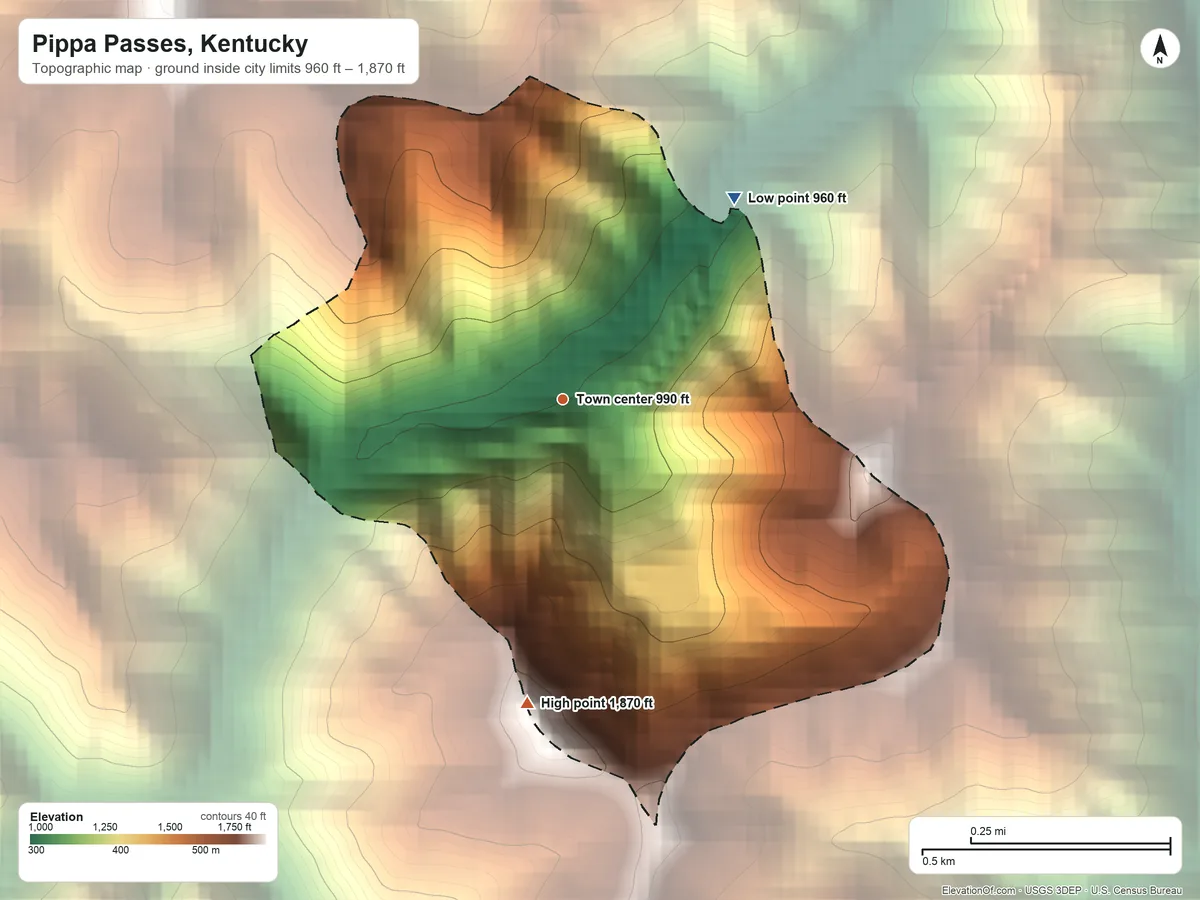 Topographic elevation map of Pippa Passes, Kentucky, shaded from 960 ft on the northeast side to 1,870 ft on the south side
