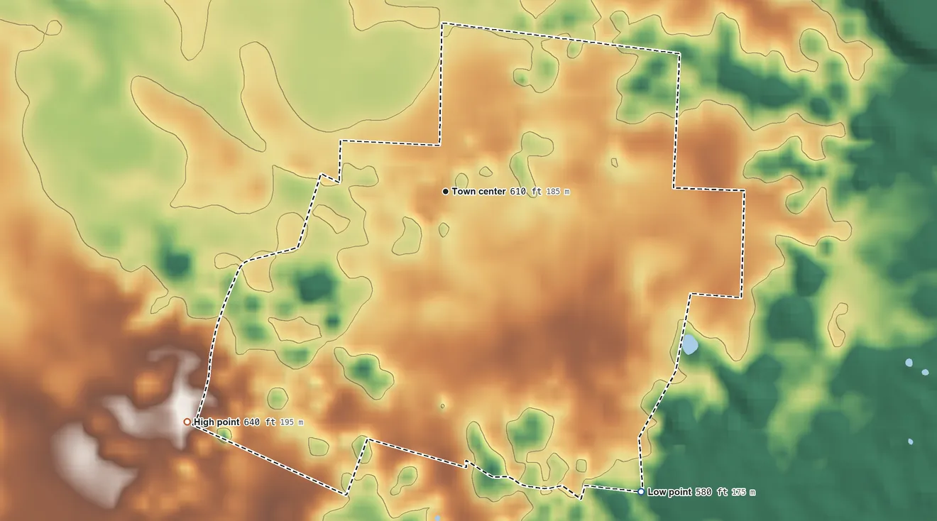 Topographic elevation map of Plano, Kentucky, shaded from 580 ft on the southeast side to 640 ft on the southwest side