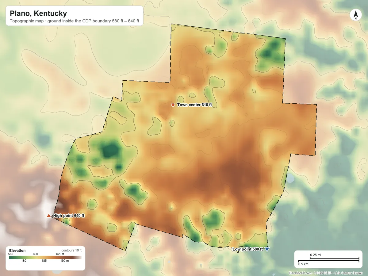 Topographic elevation map of Plano, Kentucky, shaded from 580 ft on the southeast side to 640 ft on the southwest side