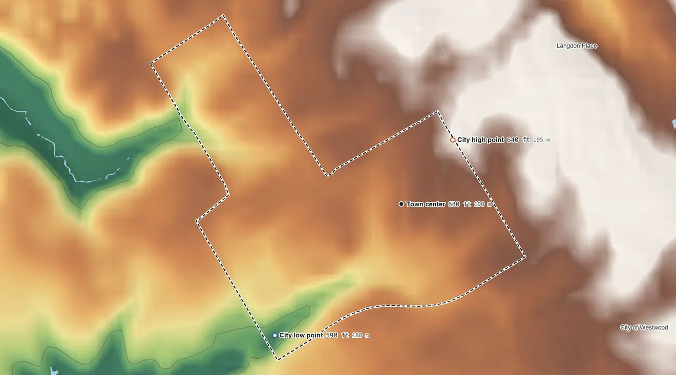 Topographic elevation map of Plantation, Kentucky, shaded from 590 ft on the southwest side to 640 ft on the northeast side