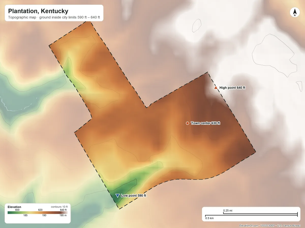 Topographic elevation map of Plantation, Kentucky, shaded from 590 ft on the southwest side to 640 ft on the northeast side