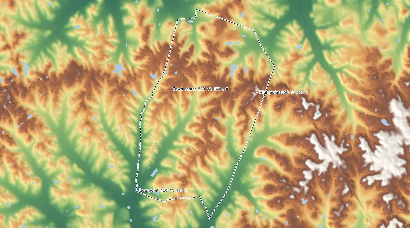 Topographic elevation map of Pleasant Ridge, Kentucky, shaded from 410 ft on the southwest side to 550 ft on the east side