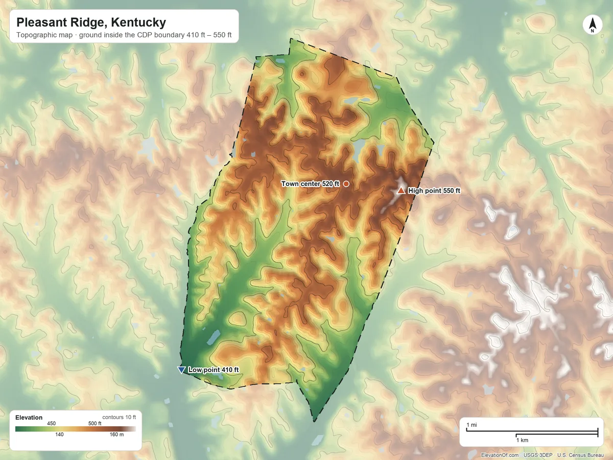 Topographic elevation map of Pleasant Ridge, Kentucky, shaded from 410 ft on the southwest side to 550 ft on the east side