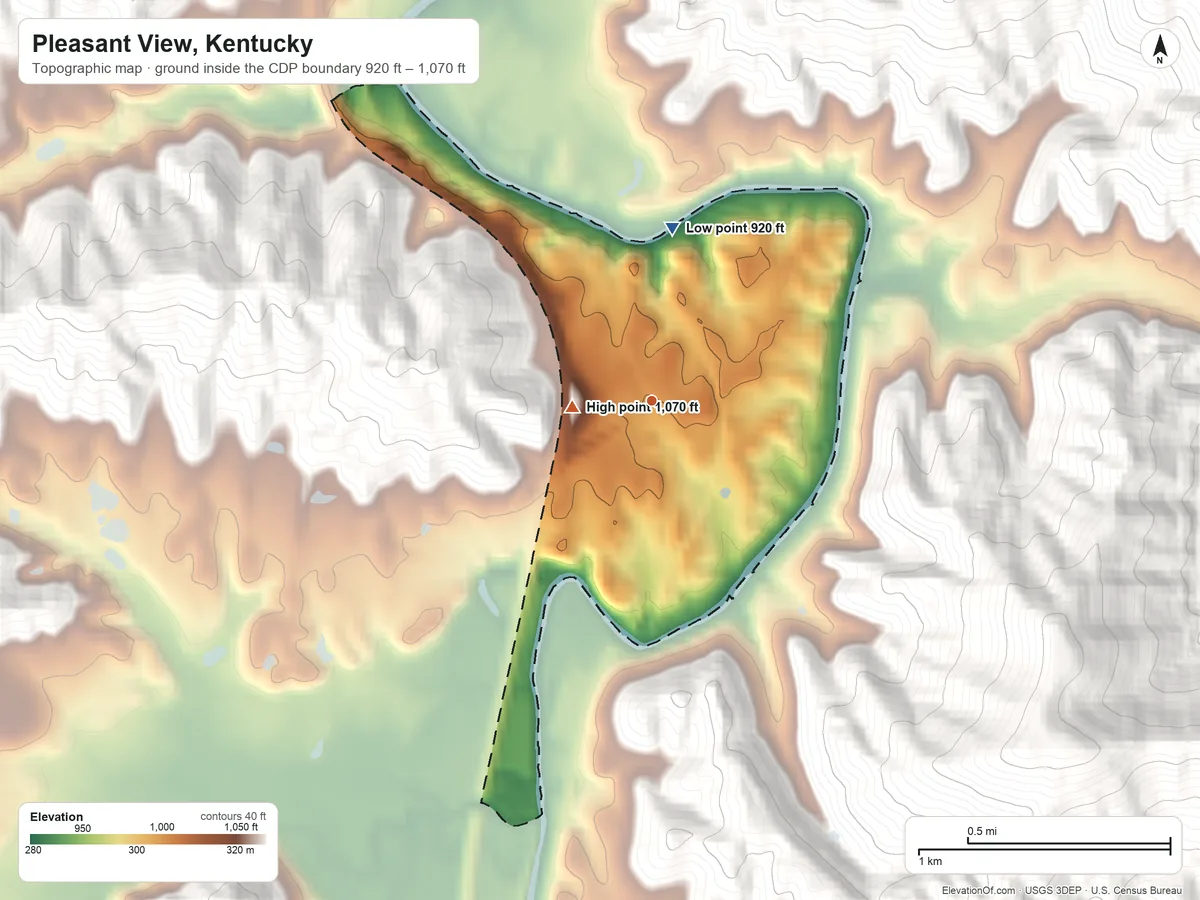 Topographic elevation map of Pleasant View, Kentucky, shaded from 920 ft on the north side to 1,070 ft on the west edge, below higher ground just outside
