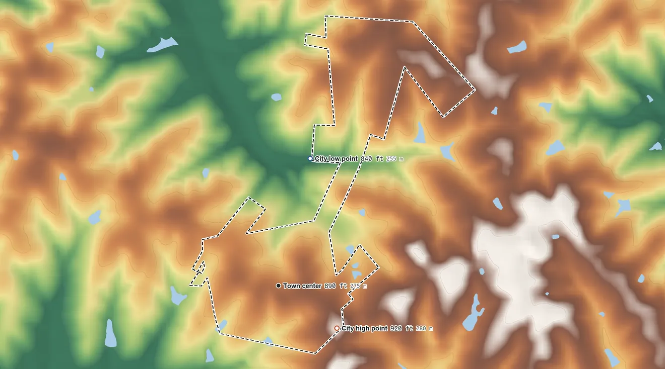 Topographic elevation map of Pleasureville, Kentucky, shaded from 840 ft on the north side to 920 ft on the southeast side