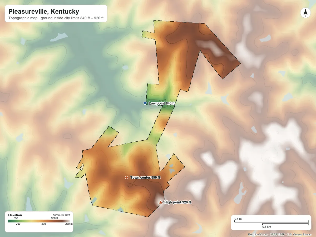 Topographic elevation map of Pleasureville, Kentucky, shaded from 840 ft on the north side to 920 ft on the southeast side