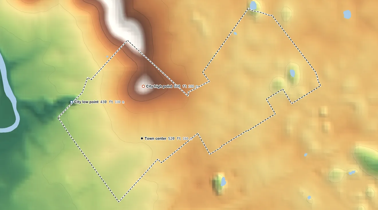 Topographic elevation map of Plum Springs, Kentucky, shaded from 430 ft on the northwest side to 660 ft on the north side