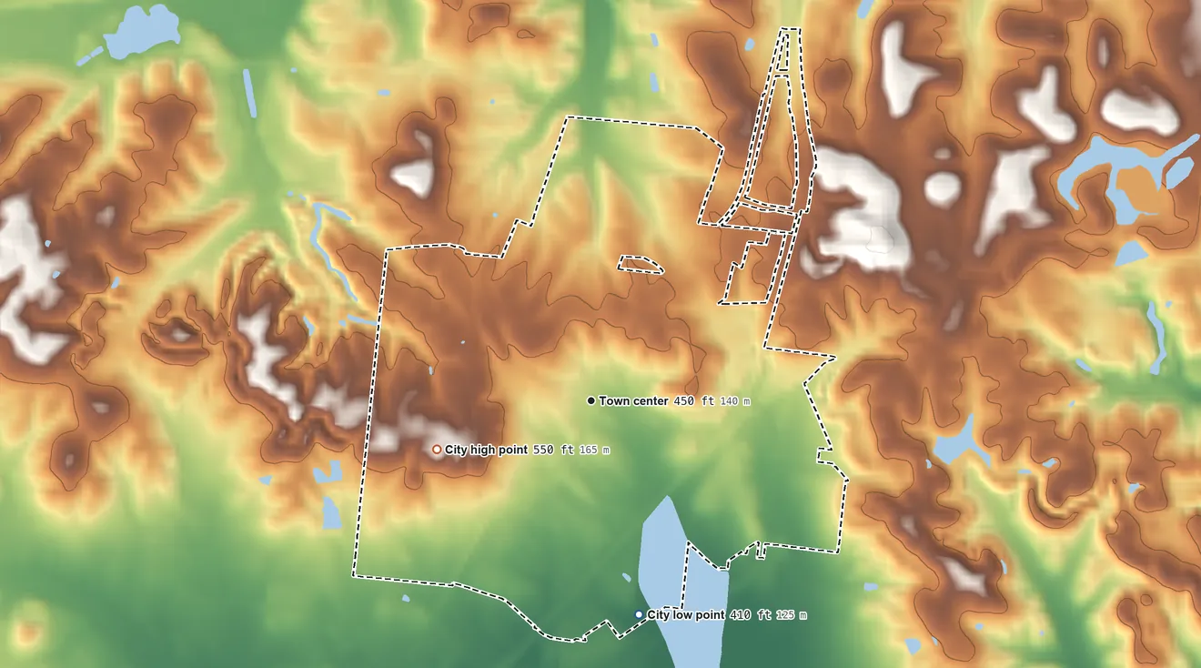 Topographic elevation map of Powderly, Kentucky, shaded from 410 ft on the south side to 550 ft on the west side