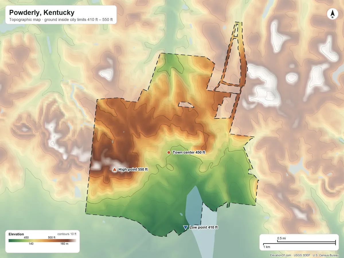 Topographic elevation map of Powderly, Kentucky, shaded from 410 ft on the south side to 550 ft on the west side