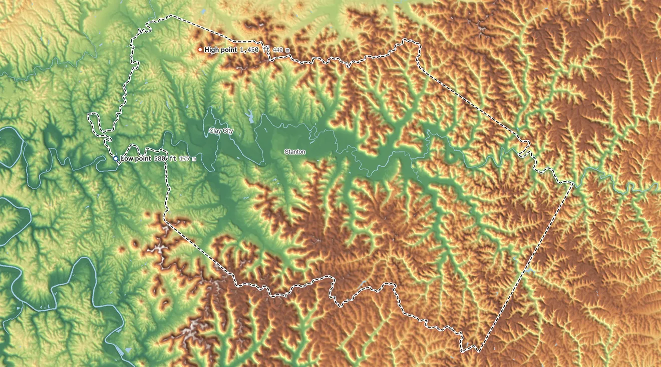 Topographic elevation map of Powell County, Kentucky, shaded from 580 ft on the west side to 1,450 ft on Pilot Knob