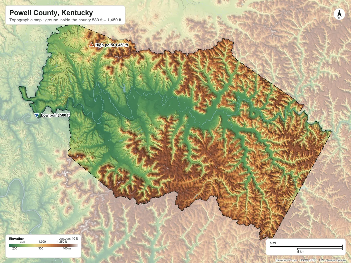 Topographic elevation map of Powell County, Kentucky, shaded from 580 ft on the west side to 1,450 ft on Pilot Knob