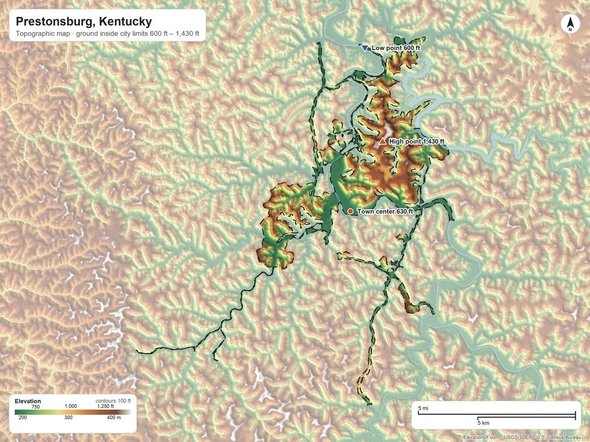 Topographic elevation map of Prestonsburg, Kentucky, shaded from 600 ft on the north side to 1,430 ft on the northeast side