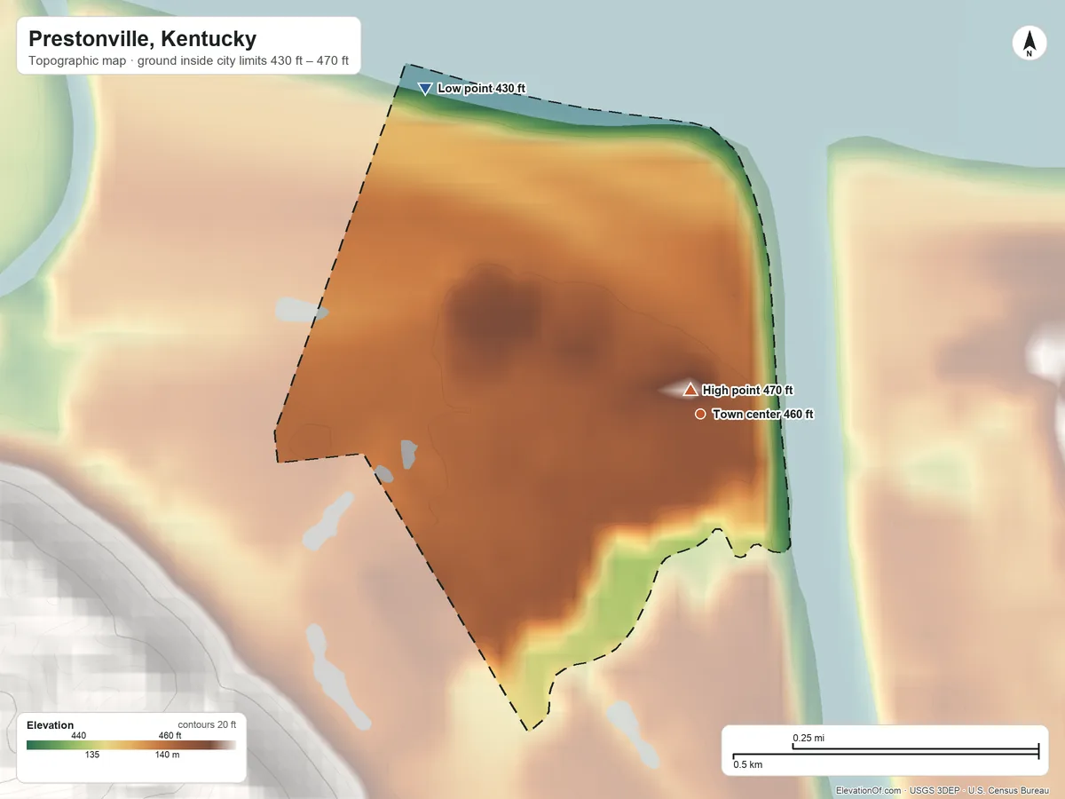 Topographic elevation map of Prestonville, Kentucky, shaded from 430 ft on the northwest side to 470 ft on the north edge, below higher ground just outside